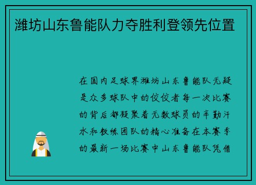 潍坊山东鲁能队力夺胜利登领先位置