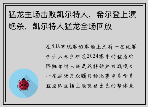 猛龙主场击败凯尔特人，希尔登上演绝杀，凯尔特人猛龙全场回放