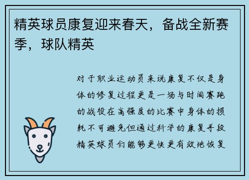 精英球员康复迎来春天，备战全新赛季，球队精英